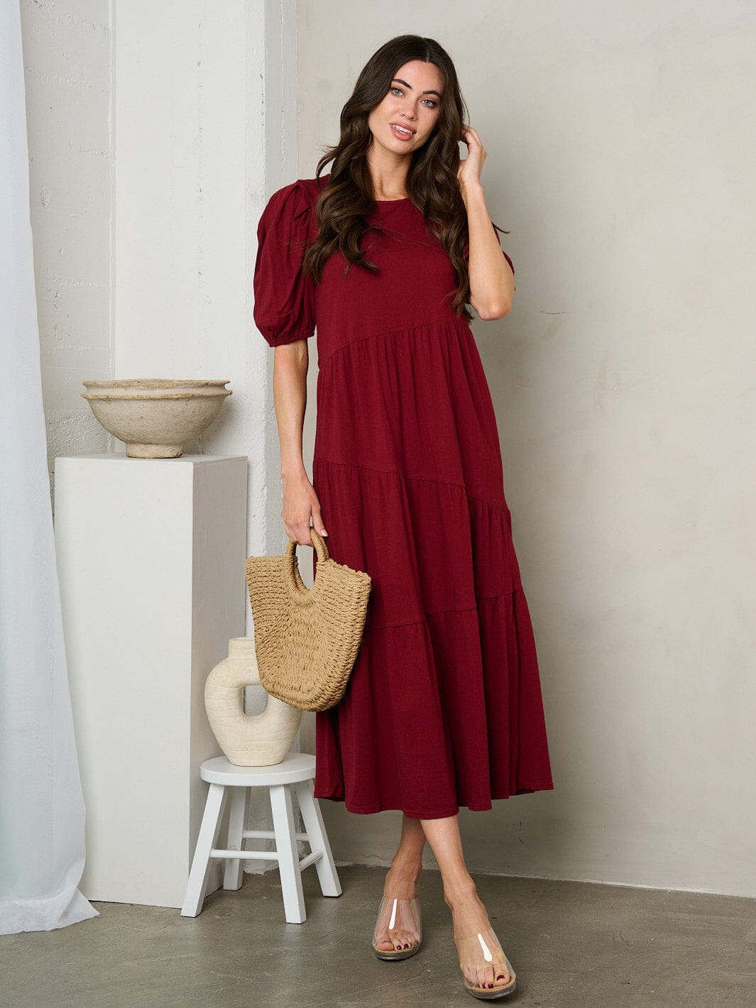 WOMEN'S SHORT PUFF SLEEVE TIERED TUNIC MAXI DRESS
