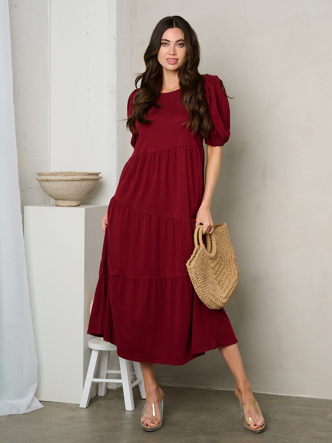 WOMEN'S SHORT PUFF SLEEVE TIERED TUNIC MAXI DRESS