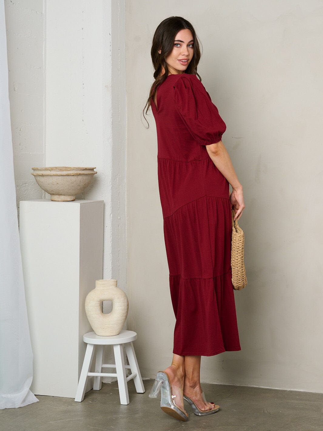 WOMEN'S SHORT PUFF SLEEVE TIERED TUNIC MAXI DRESS