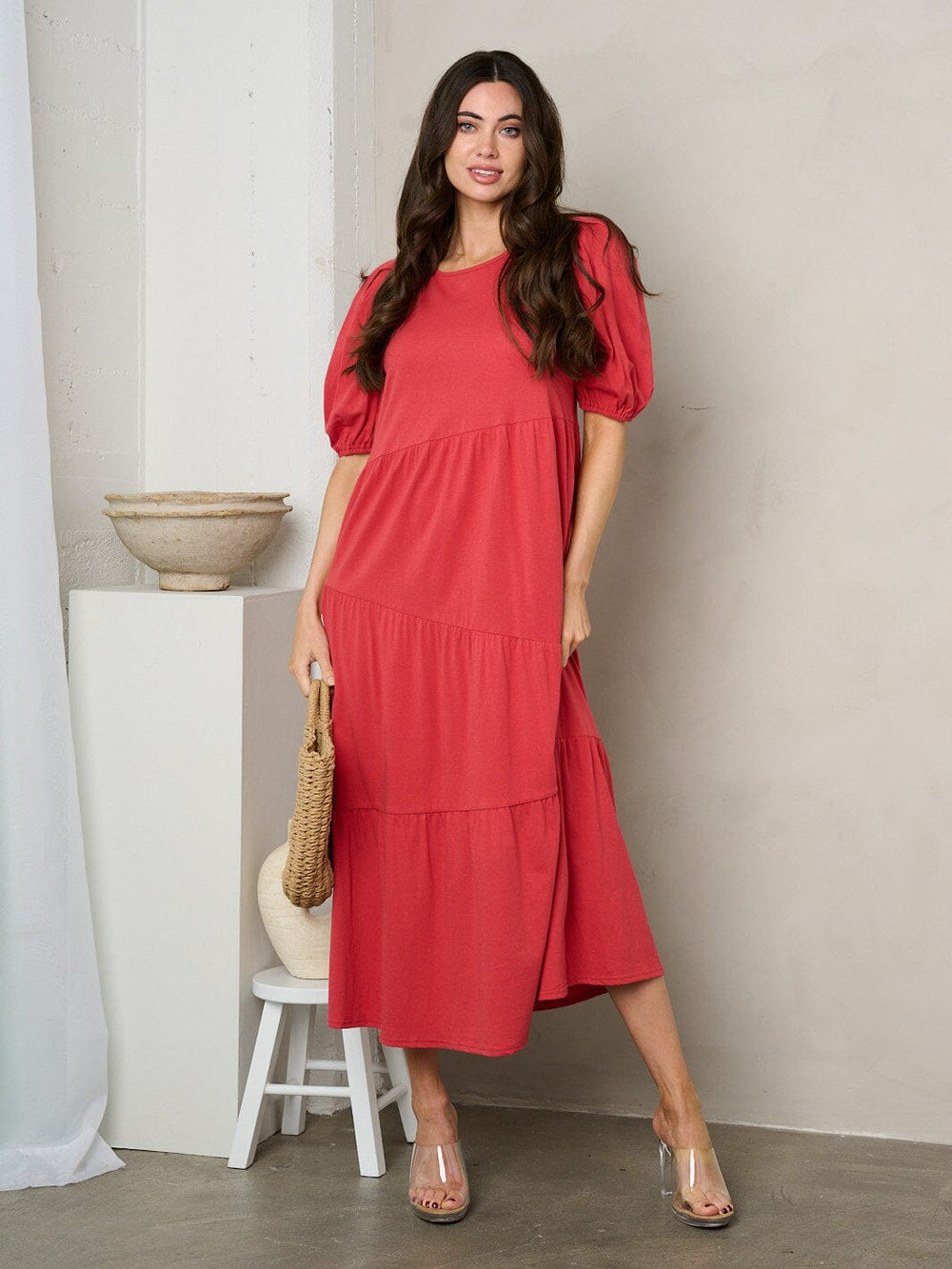 WOMEN'S SHORT PUFF SLEEVE TIERED TUNIC MAXI DRESS