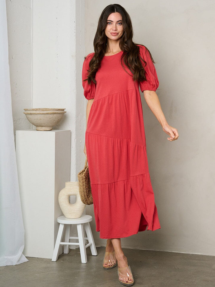 WOMEN'S SHORT PUFF SLEEVE TIERED TUNIC MAXI DRESS