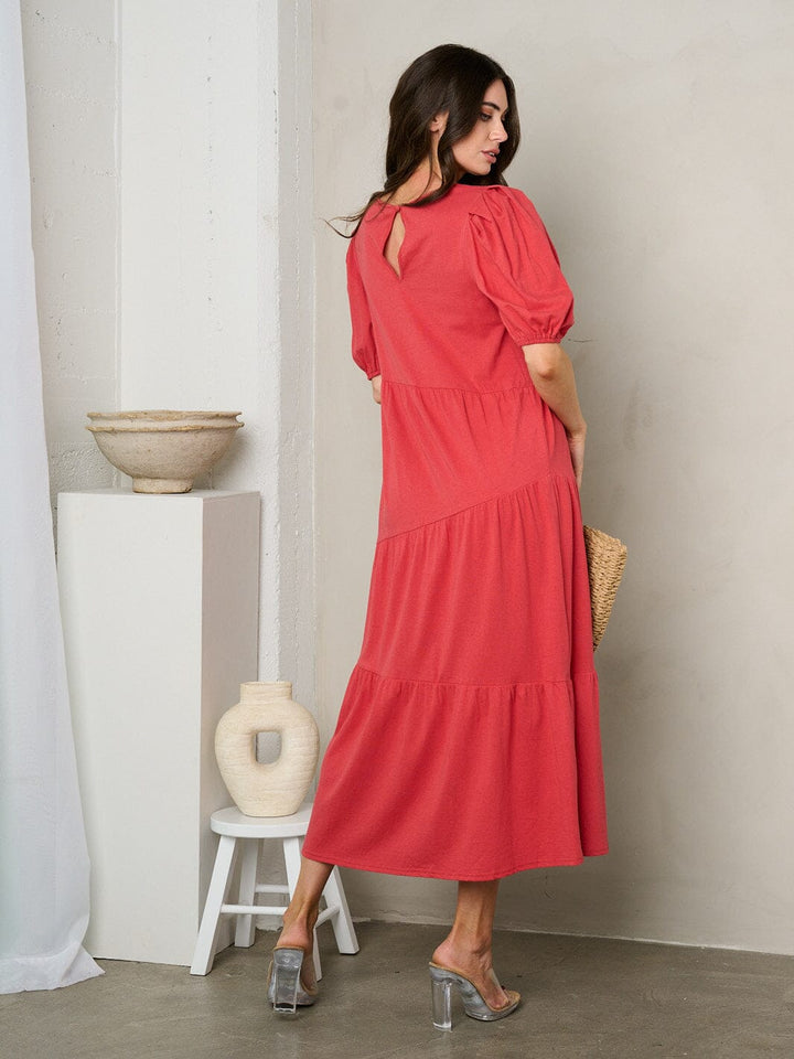 WOMEN'S SHORT PUFF SLEEVE TIERED TUNIC MAXI DRESS