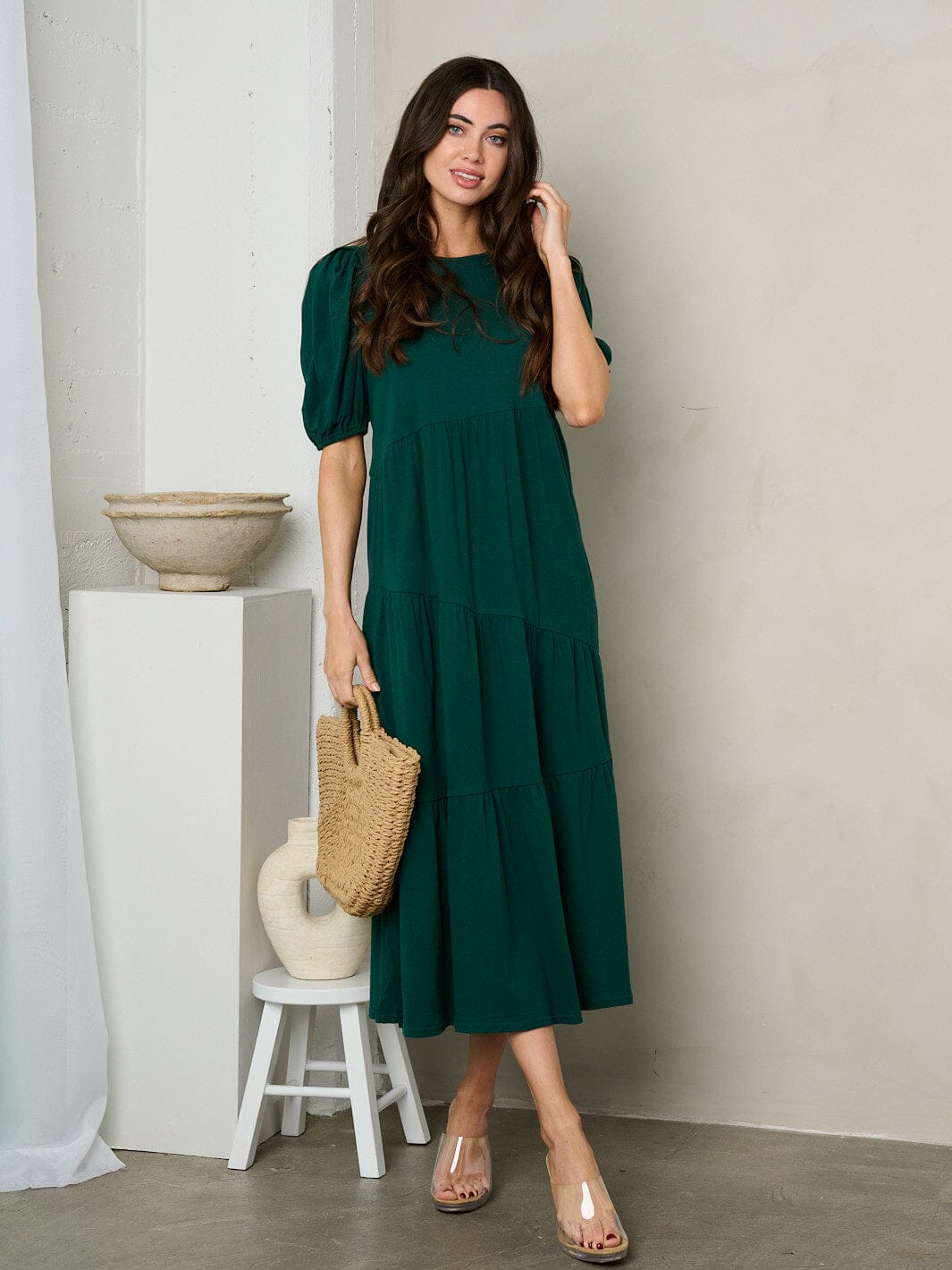 WOMEN'S SHORT PUFF SLEEVE TIERED TUNIC MAXI DRESS