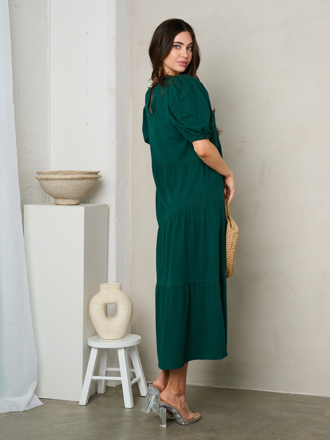 WOMEN'S SHORT PUFF SLEEVE TIERED TUNIC MAXI DRESS