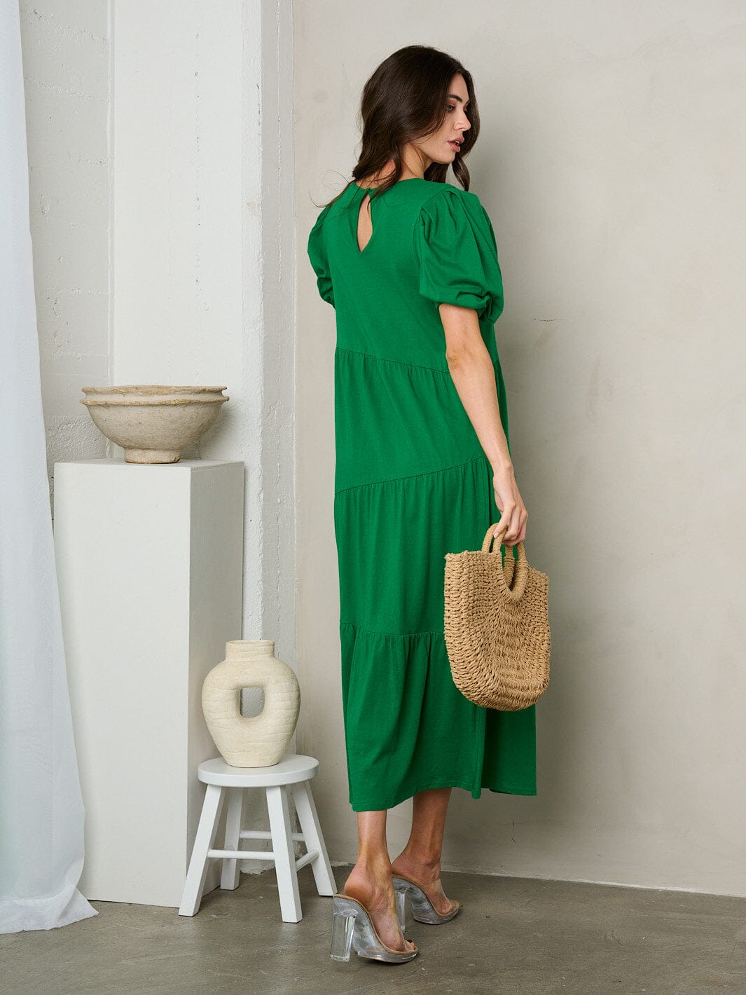 WOMEN'S SHORT PUFF SLEEVE TIERED TUNIC MAXI DRESS