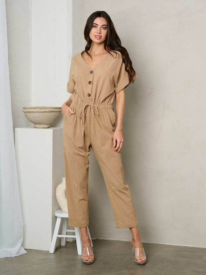 WOMEN'S SHORT SLEEVE BUTTON UP SELF TIE JUMPSUIT