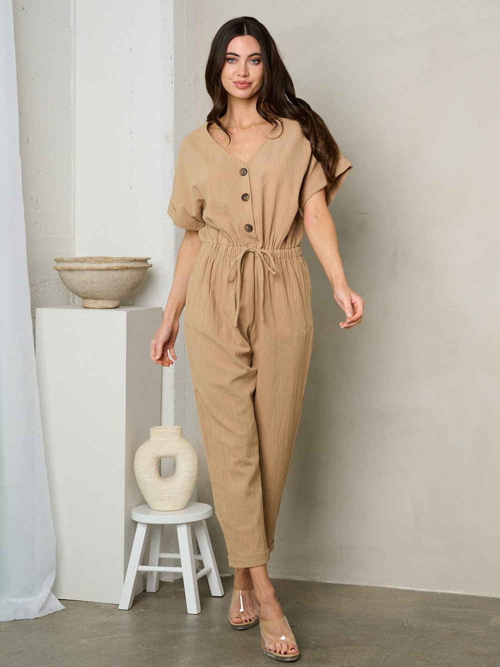 WOMEN'S SHORT SLEEVE BUTTON UP SELF TIE JUMPSUIT