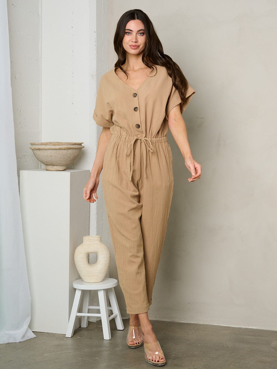 WOMEN'S SHORT SLEEVE BUTTON UP SELF TIE JUMPSUIT