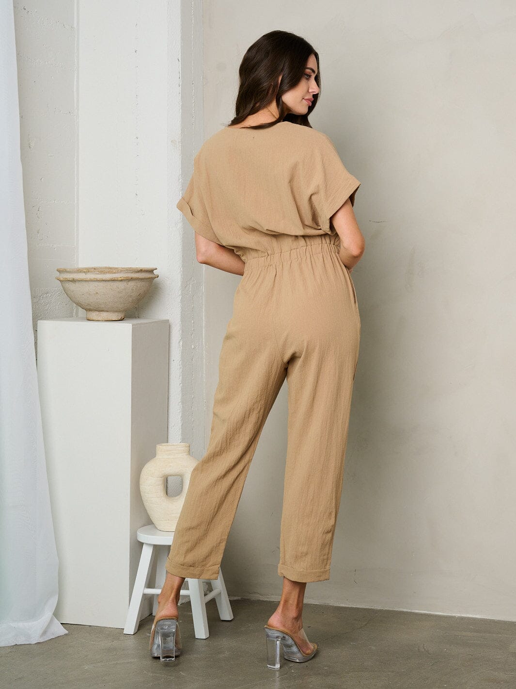 WOMEN'S SHORT SLEEVE BUTTON UP SELF TIE JUMPSUIT