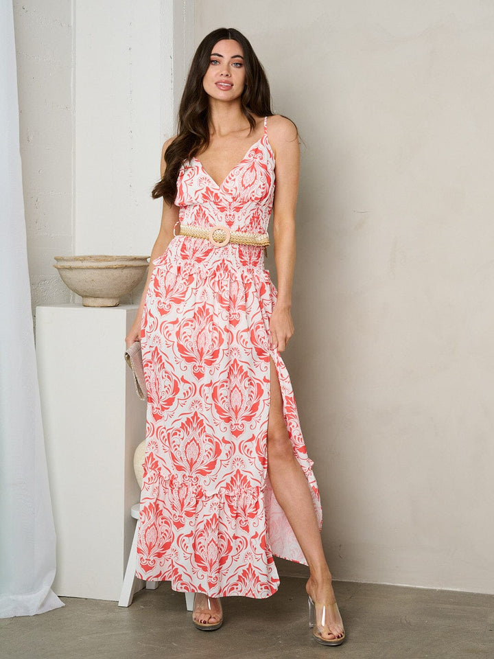 WOMEN'S SLEEVELESS V-NECK SMOCK FRONT SLIT BELTED MAXI DRESS