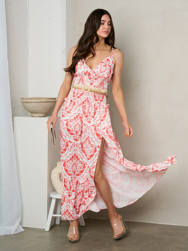 WOMEN'S SLEEVELESS V-NECK SMOCK FRONT SLIT BELTED MAXI DRESS