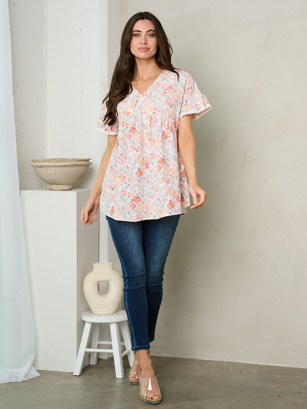 WOMEN'S SHORT SLEEVE V-NECK TUNIC FLORAL TOP
