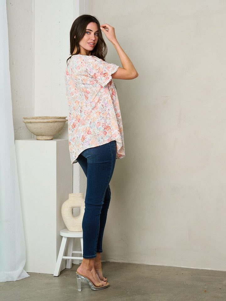 WOMEN'S SHORT SLEEVE V-NECK TUNIC FLORAL TOP