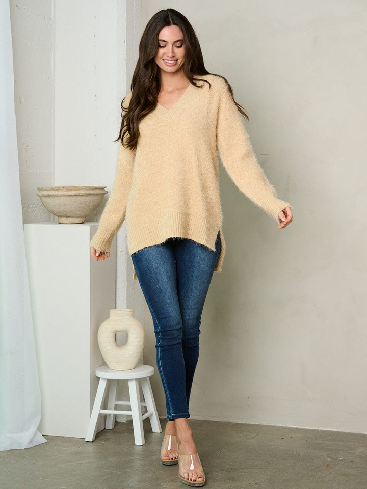 WOMEN'S LONG SLEEVE V-NECK FUZZY SWEATER
