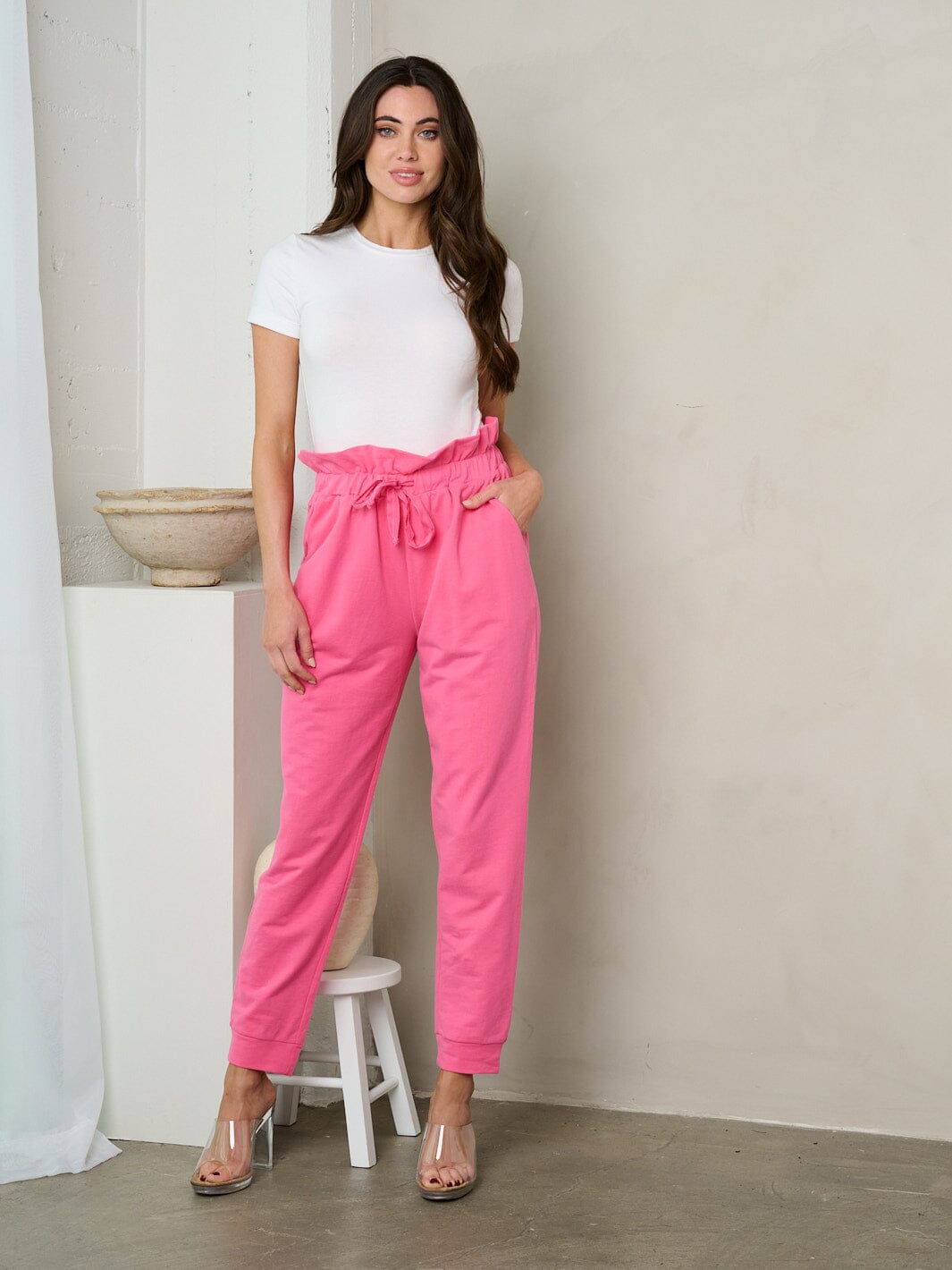 WOMEN'S ELASTIC WAIST SELF TIE POCKETS JOGGER PANTS
