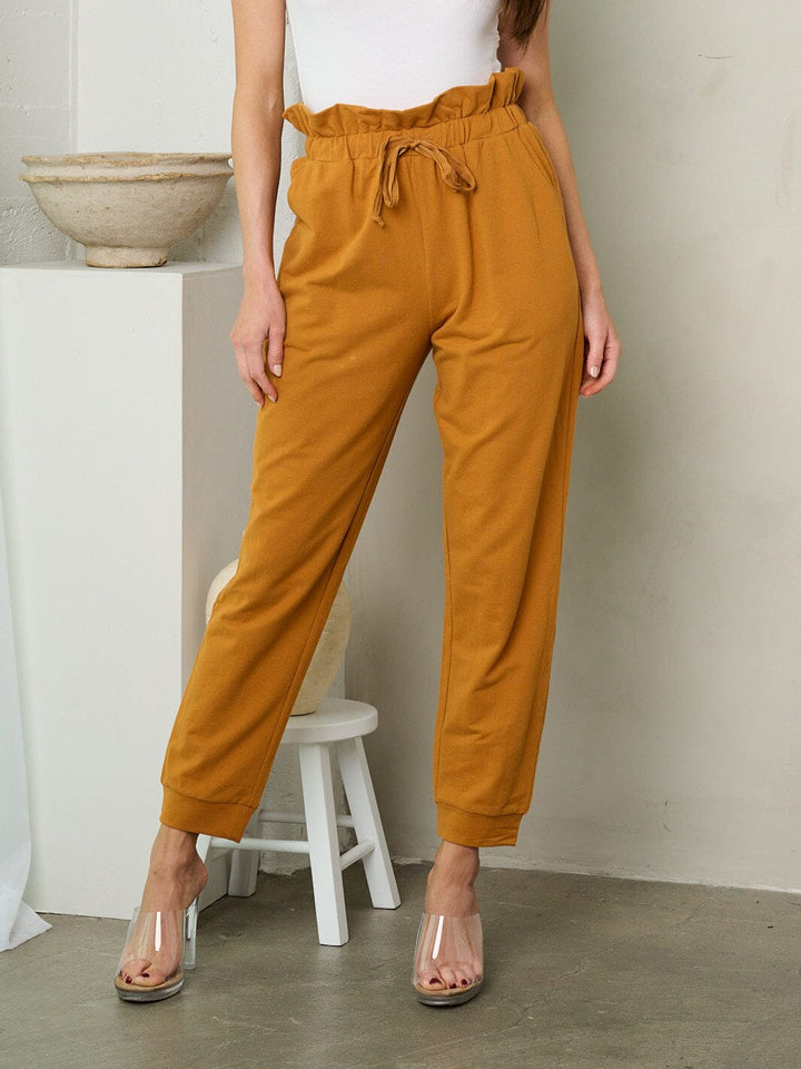 WOMEN'S ELASTIC WAIST SELF TIE POCKETS JOGGER PANTS