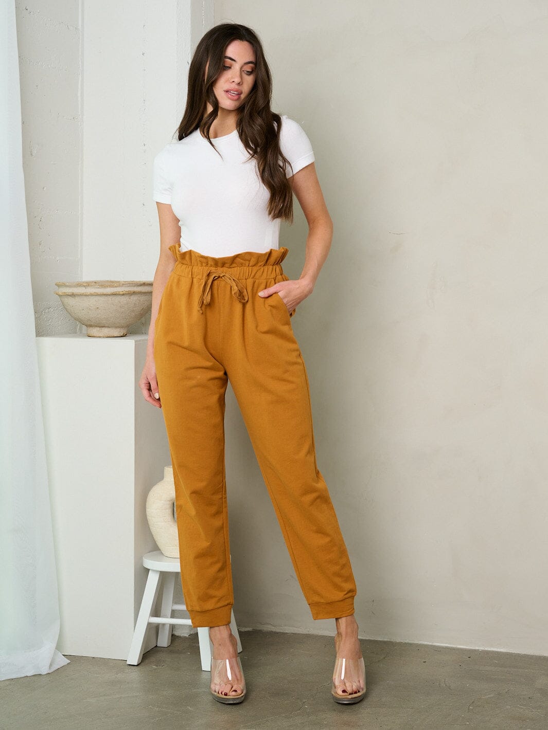 WOMEN'S ELASTIC WAIST SELF TIE POCKETS JOGGER PANTS