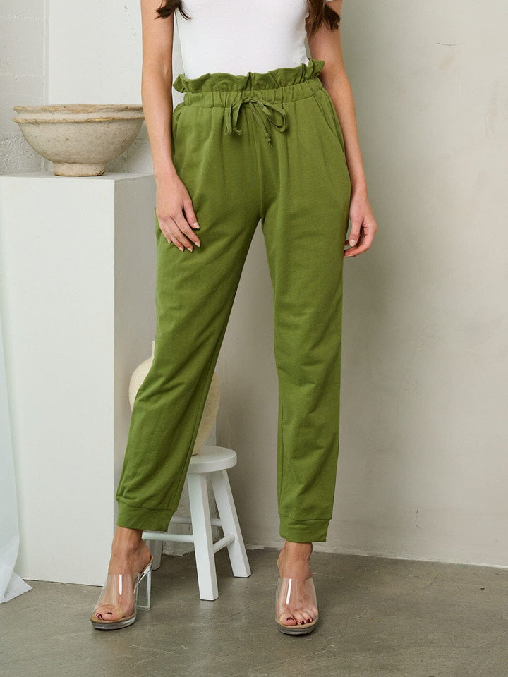 WOMEN'S ELASTIC WAIST SELF TIE POCKETS JOGGER PANTS