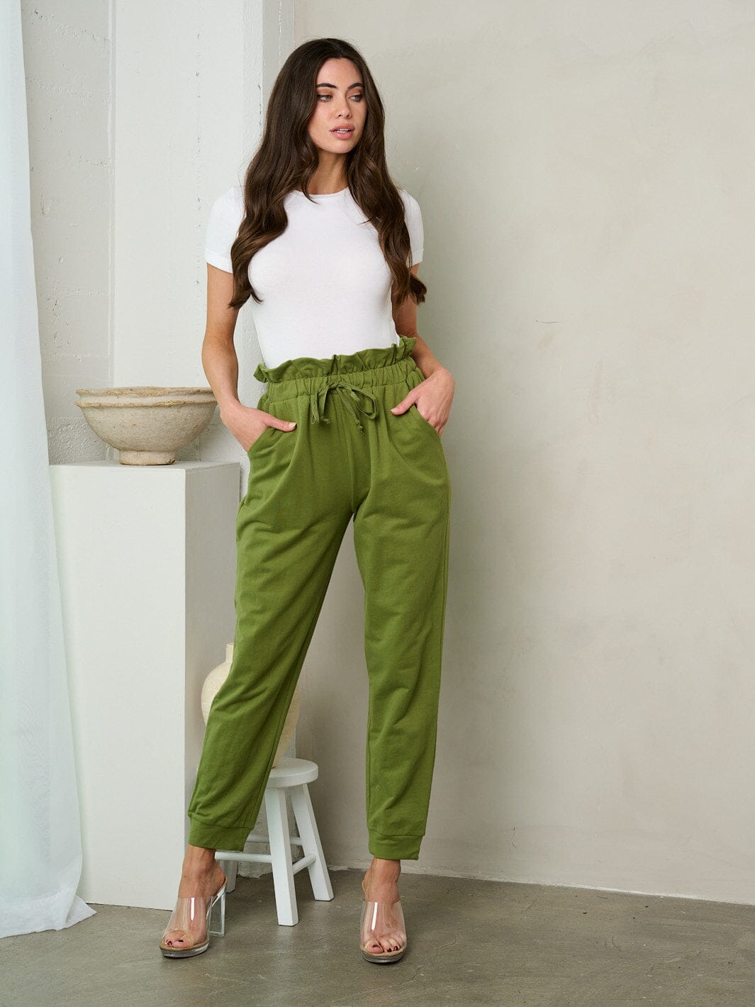 WOMEN'S ELASTIC WAIST SELF TIE POCKETS JOGGER PANTS