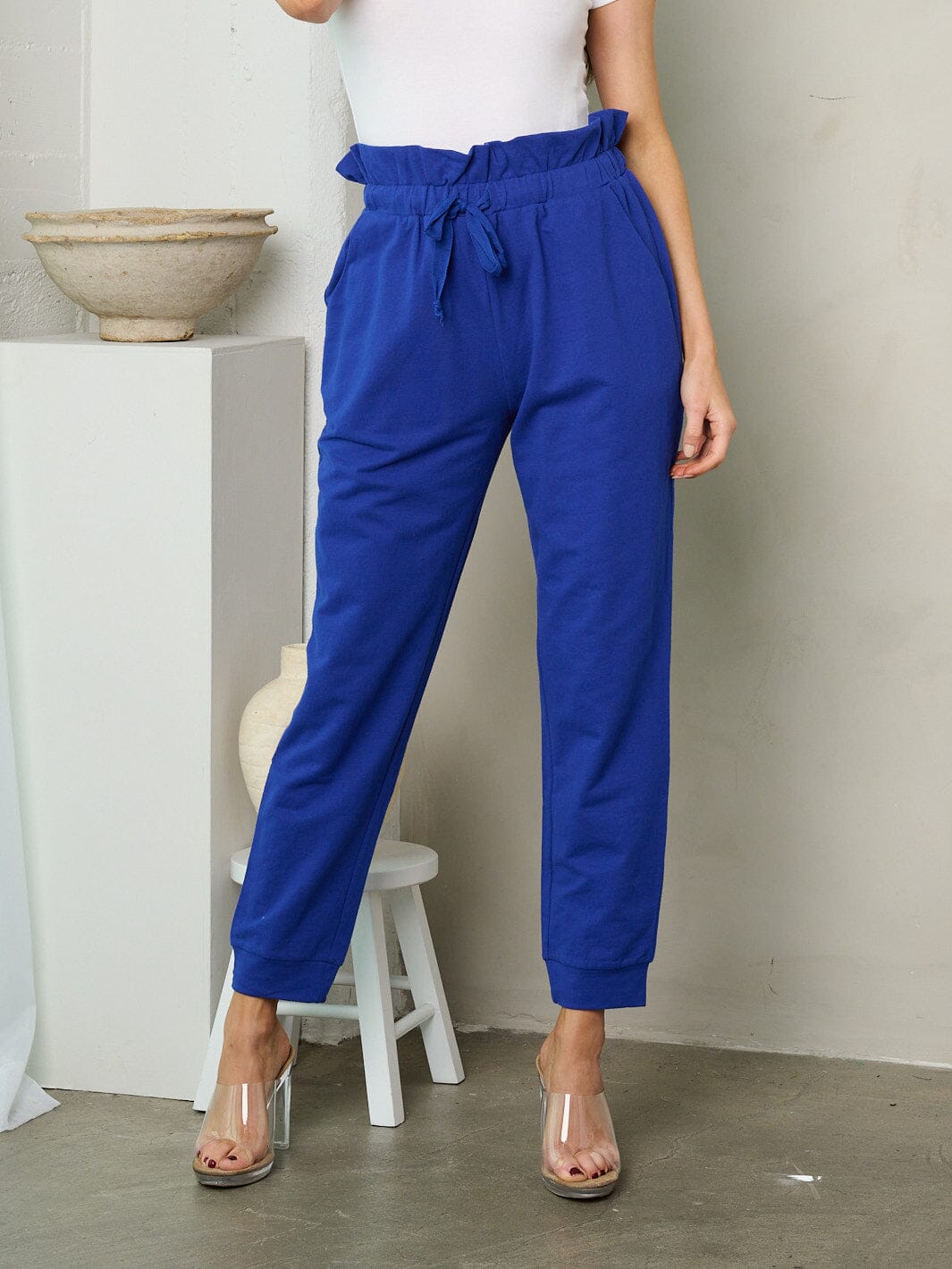 WOMEN'S ELASTIC WAIST SELF TIE POCKETS JOGGER PANTS