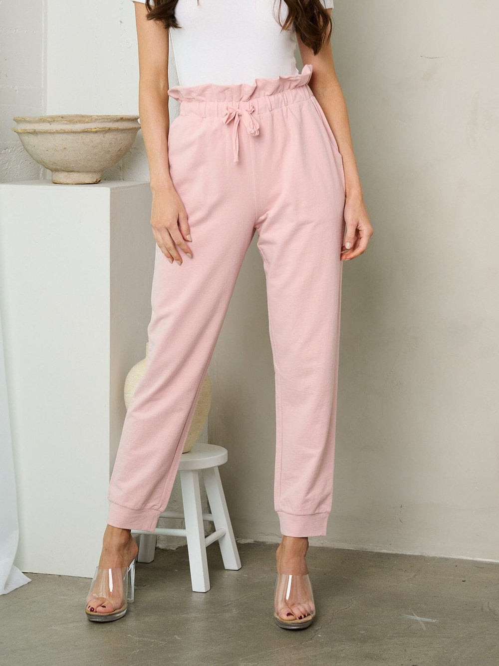 WOMEN'S ELASTIC WAIST SELF TIE POCKETS JOGGER PANTS