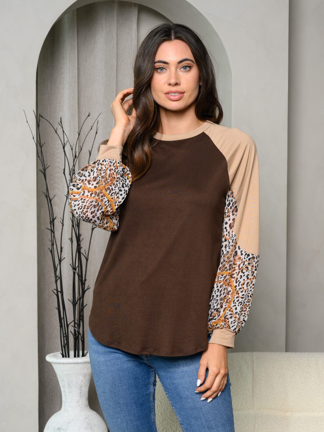 Leopard Tiered Woven Top Long Sleeve main image 1