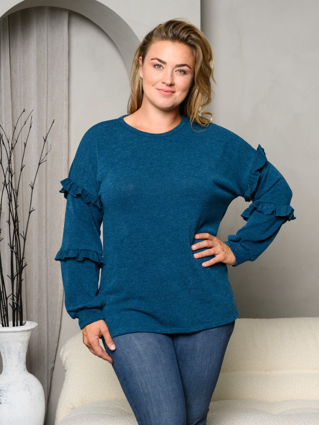 PLUS SIZE LONG SLEEVE RUFFLE SOLID TOP
