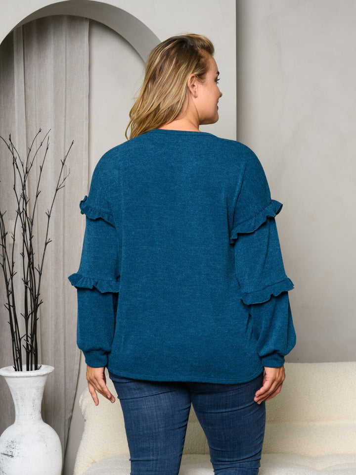 PLUS SIZE LONG SLEEVE RUFFLE SOLID TOP
