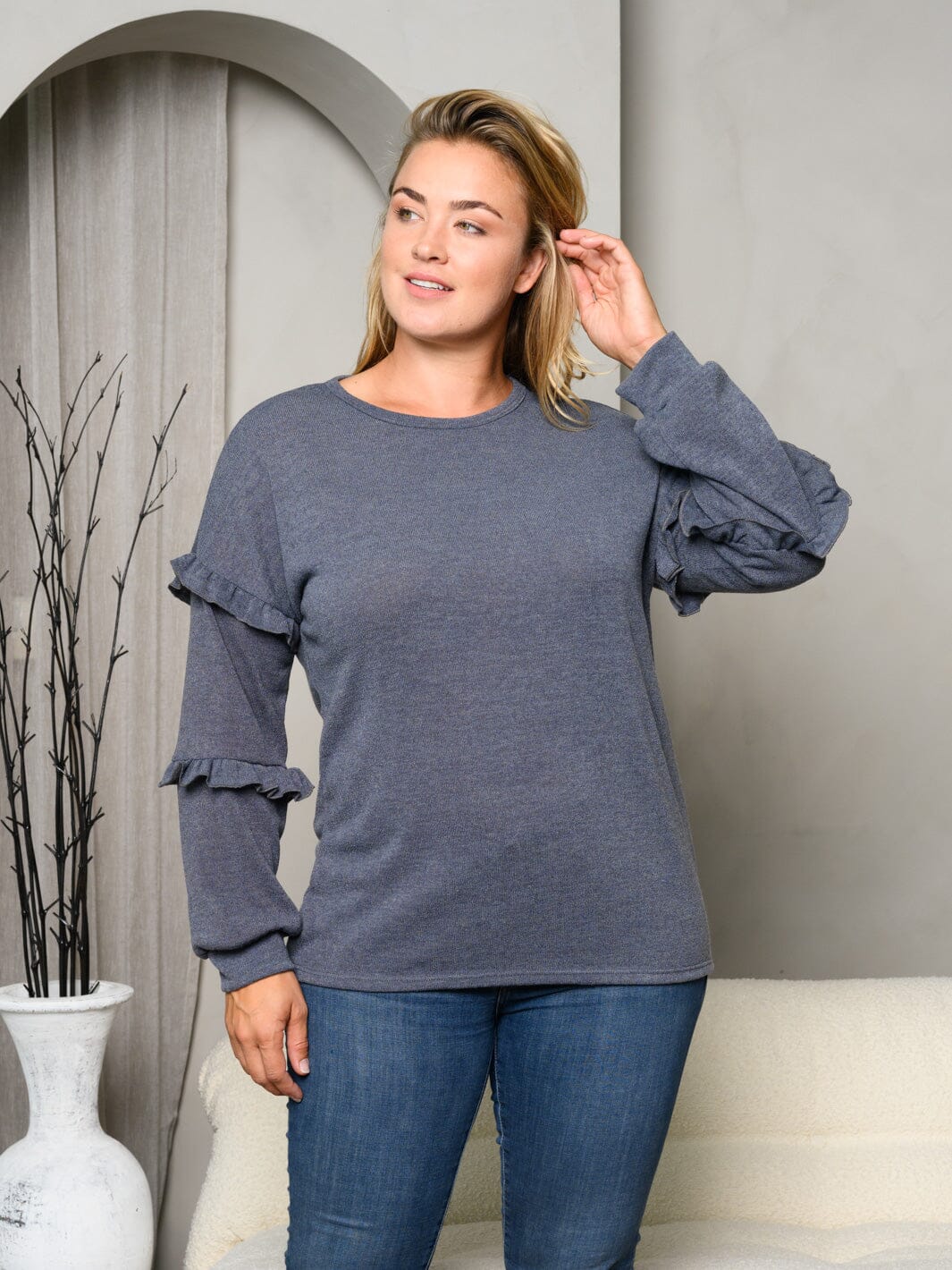 PLUS SIZE LONG SLEEVE RUFFLE SOLID TOP