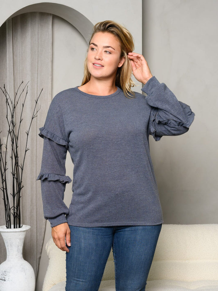 PLUS SIZE LONG SLEEVE RUFFLE SOLID TOP