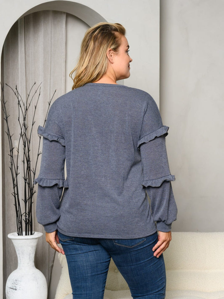 PLUS SIZE LONG SLEEVE RUFFLE SOLID TOP
