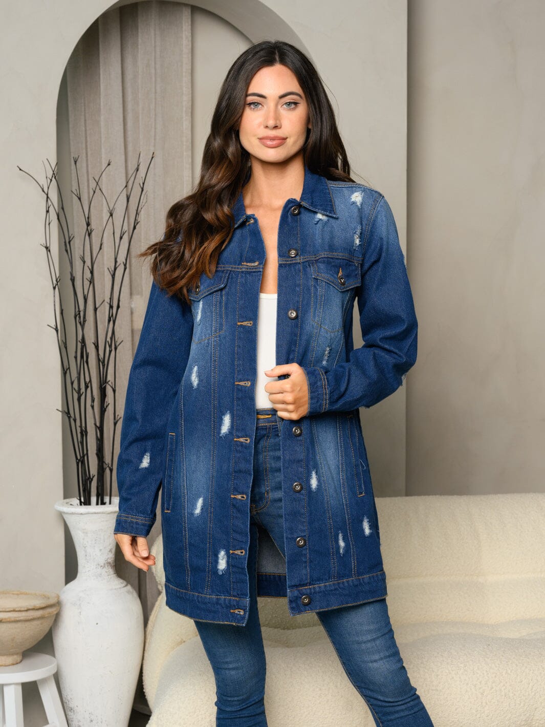 WOMEN'S LONG SLEEVE DENIM BUTTON UP DISTRESS DRESS JACKET