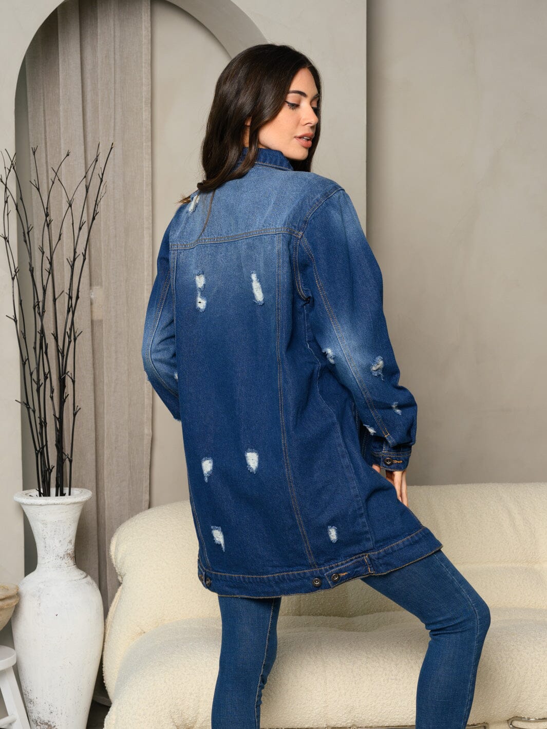WOMEN'S LONG SLEEVE DENIM BUTTON UP DISTRESS DRESS JACKET