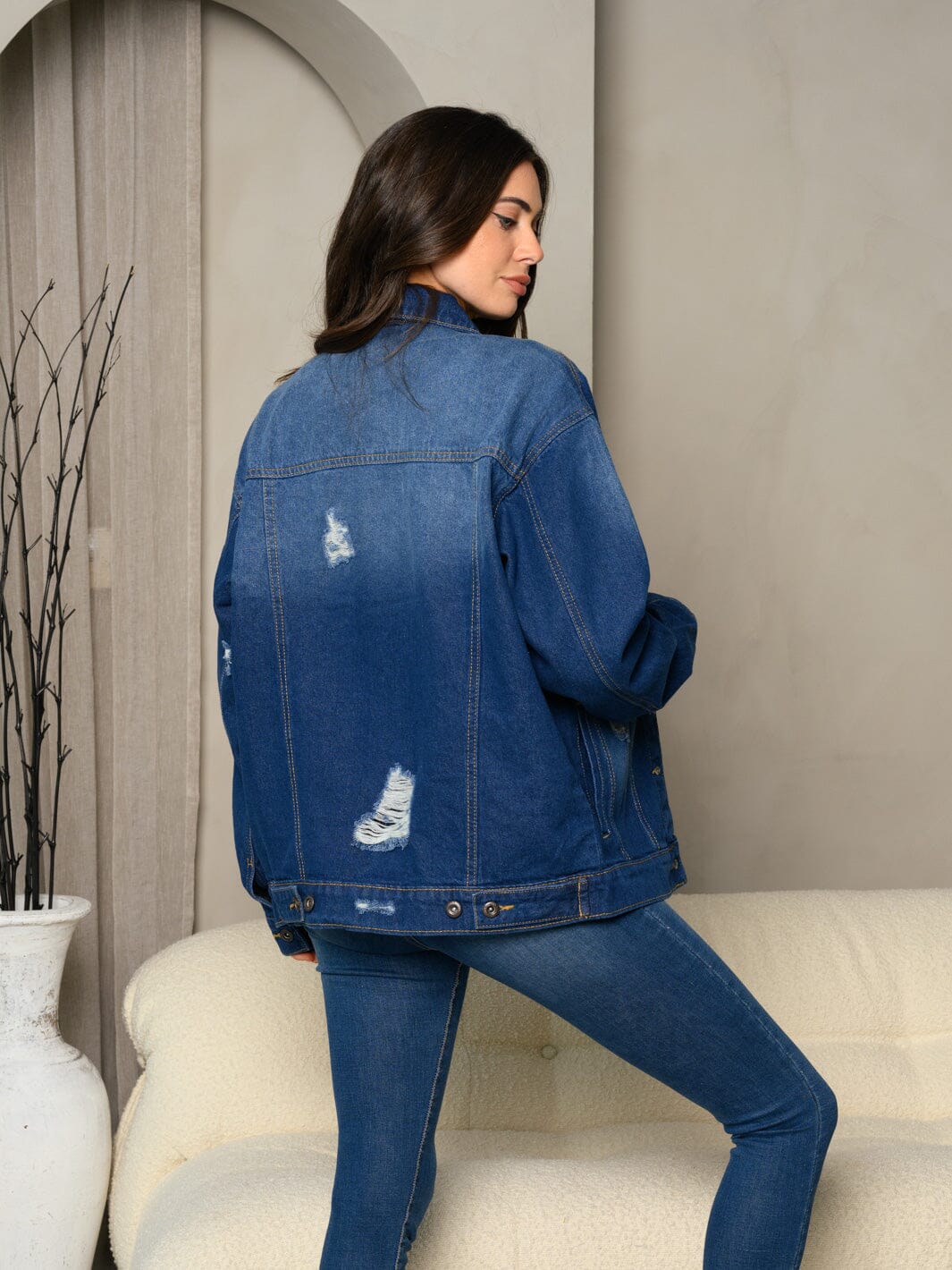 WOMEN'S LONG SLEEVE DENIM BUTTON UP DISTRESS JACKET