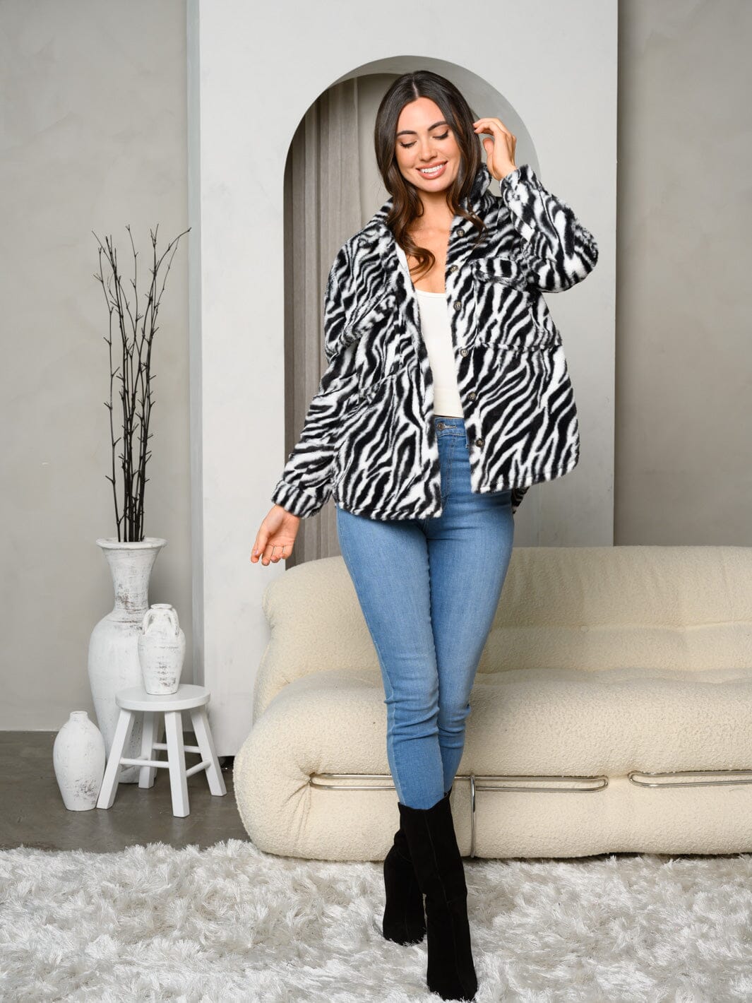 WOMEN'S LONG SLEEVE ZEBRA PRINT BUTTON CLOSURE JACKET