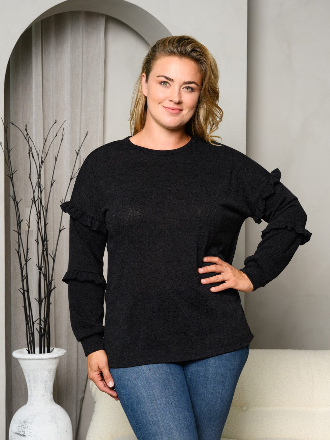 PLUS SIZE LONG SLEEVE RUFFLE SOLID TOP