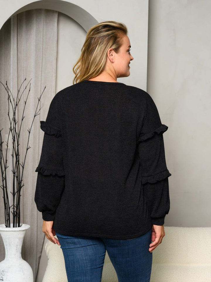 PLUS SIZE LONG SLEEVE RUFFLE SOLID TOP