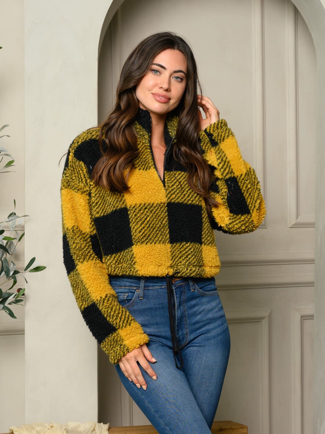 WOMEN'S LONG SLEEVE PLAID PRINT HALF ZIP UP SWEATER
