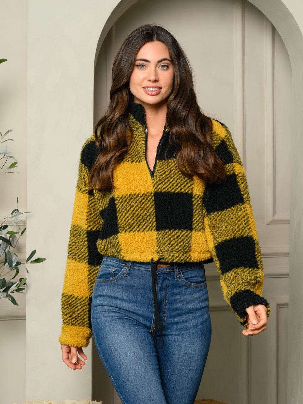 WOMEN'S LONG SLEEVE PLAID PRINT HALF ZIP UP SWEATER