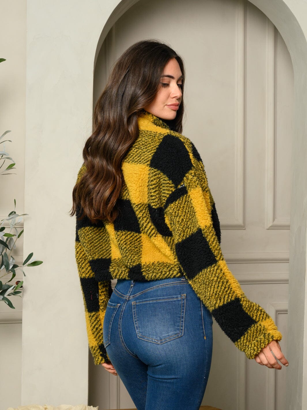 WOMEN'S LONG SLEEVE PLAID PRINT HALF ZIP UP SWEATER