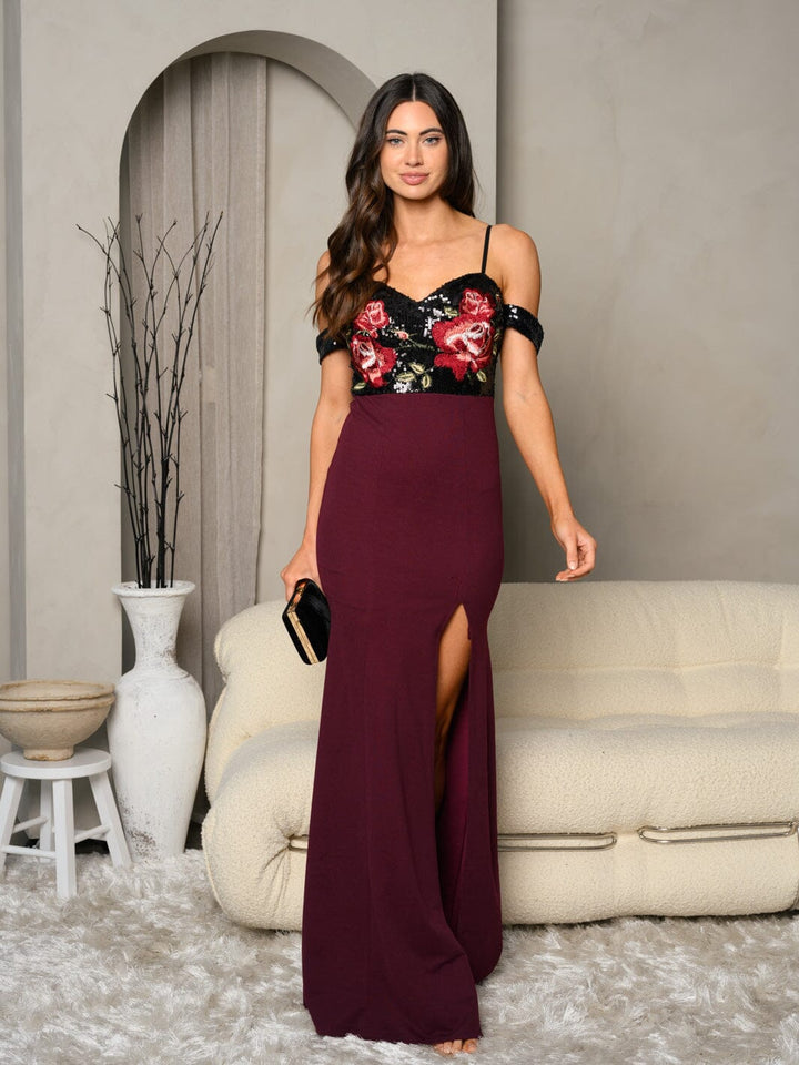 WOMEN'S OFF SHOULDER V-NECK BODYCON FLORAL SEQUINS DETAILED MAXI DRESS