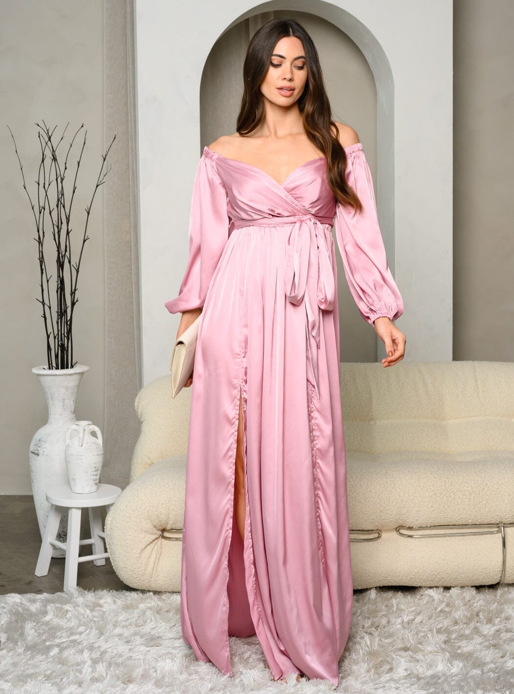 WOMEN'S LONG SLEEVE OFF SHOULDER SELF TIE SIDE SLIT MAXI DRESS