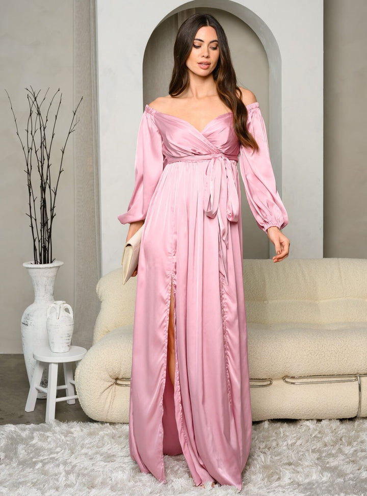 WOMEN'S LONG SLEEVE OFF SHOULDER SELF TIE SIDE SLIT MAXI DRESS