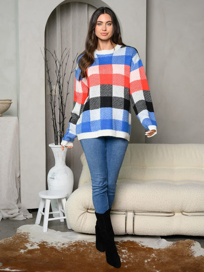 WOMEN'S LONG SLEEVE CHECKER COLORBLOCK SWEATER