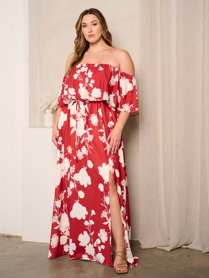 PLUS SIZE OFF SHOULDER RUFFLE SIDE SLIT FLORAL MAXI DRESS