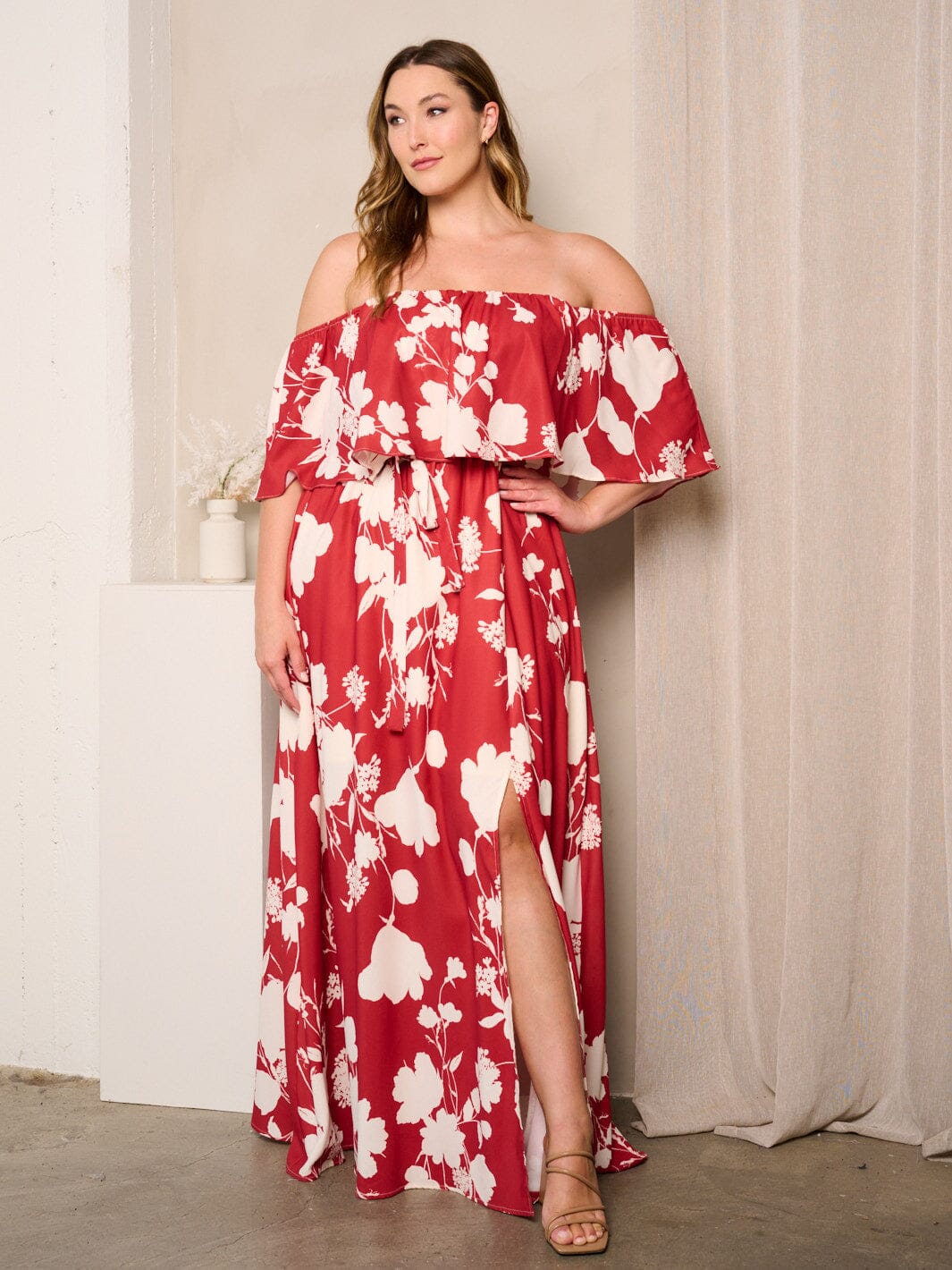 PLUS SIZE OFF SHOULDER RUFFLE SIDE SLIT FLORAL MAXI DRESS