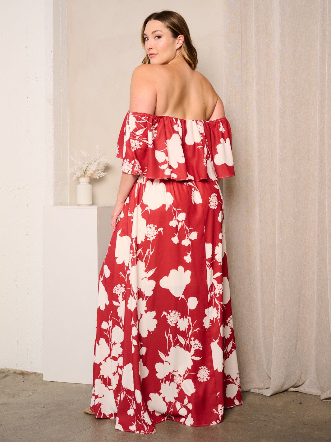 PLUS SIZE OFF SHOULDER RUFFLE SIDE SLIT FLORAL MAXI DRESS