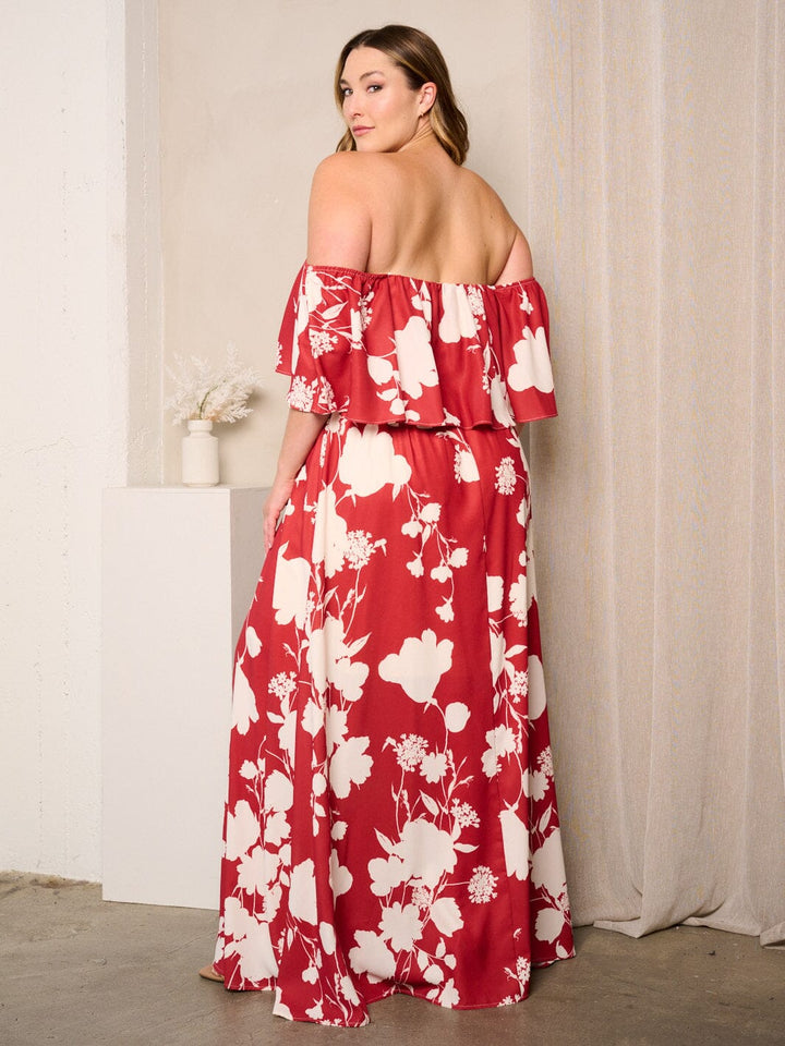 PLUS SIZE OFF SHOULDER RUFFLE SIDE SLIT FLORAL MAXI DRESS