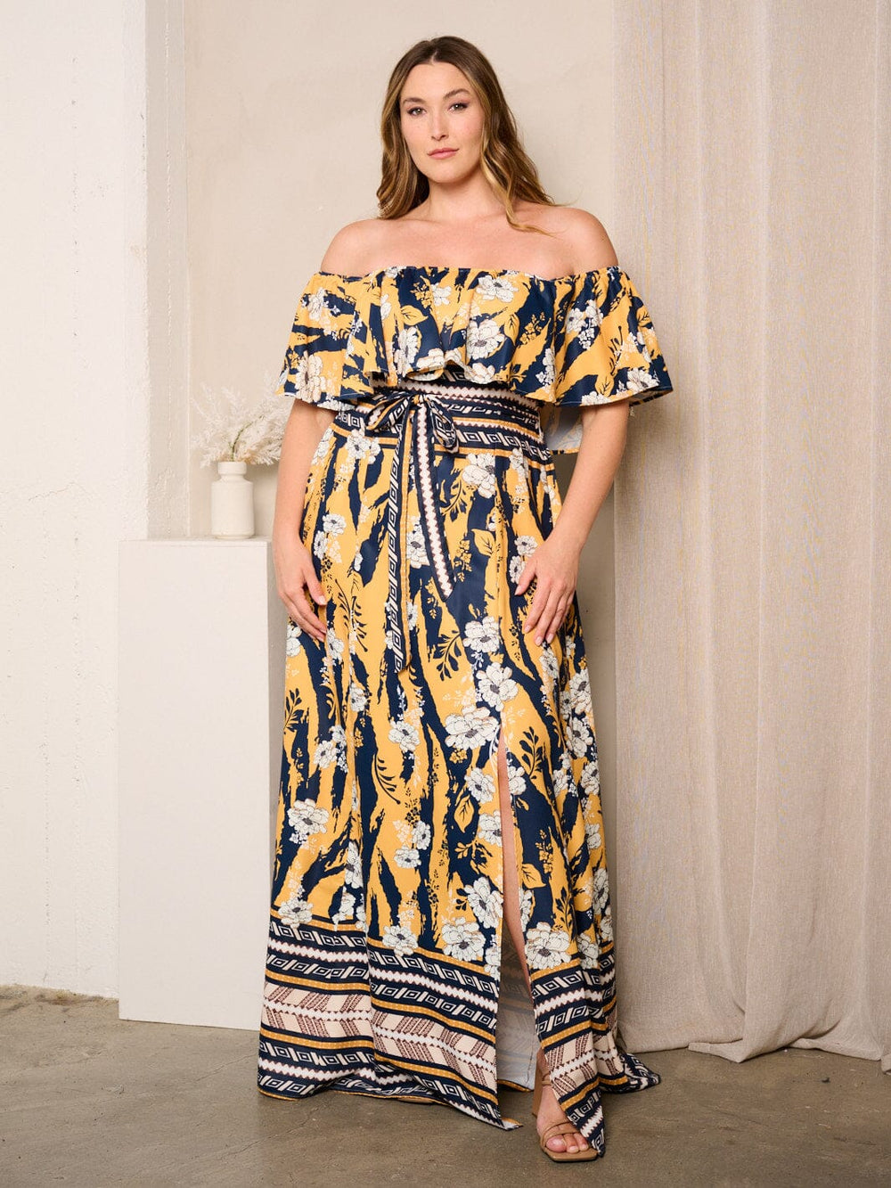 PLUS SIZE OFF SHOULDER RUFFLE FRONT SLIT FLORAL MAXI DRESS