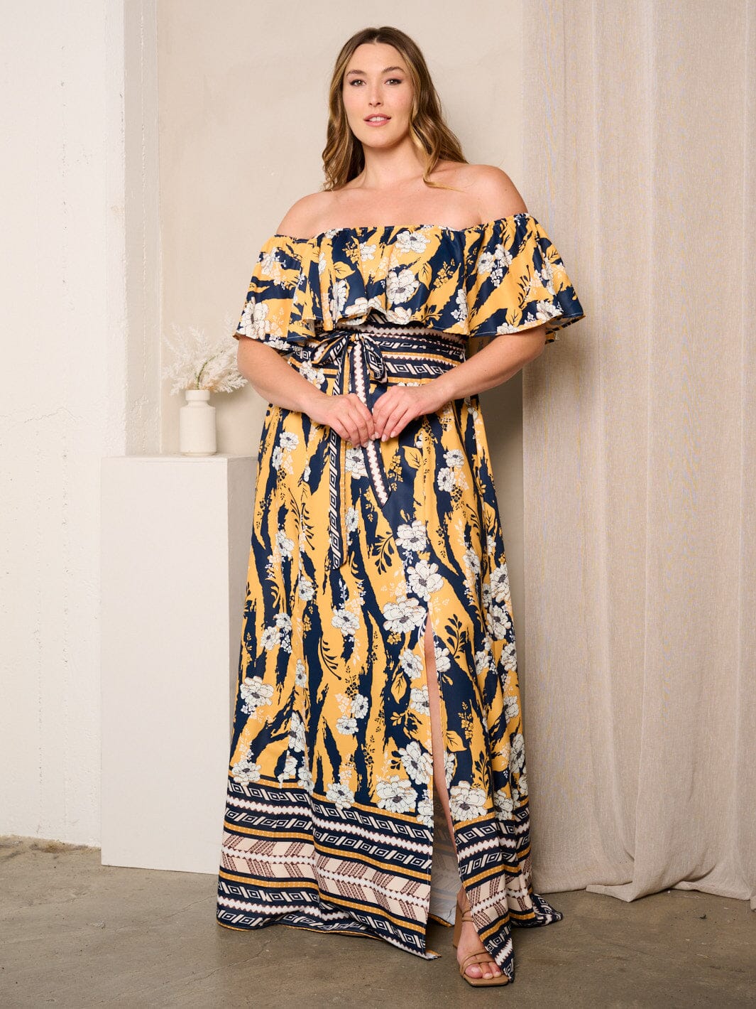 PLUS SIZE OFF SHOULDER RUFFLE FRONT SLIT FLORAL MAXI DRESS